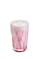 Milk shake with berry syrup on white.