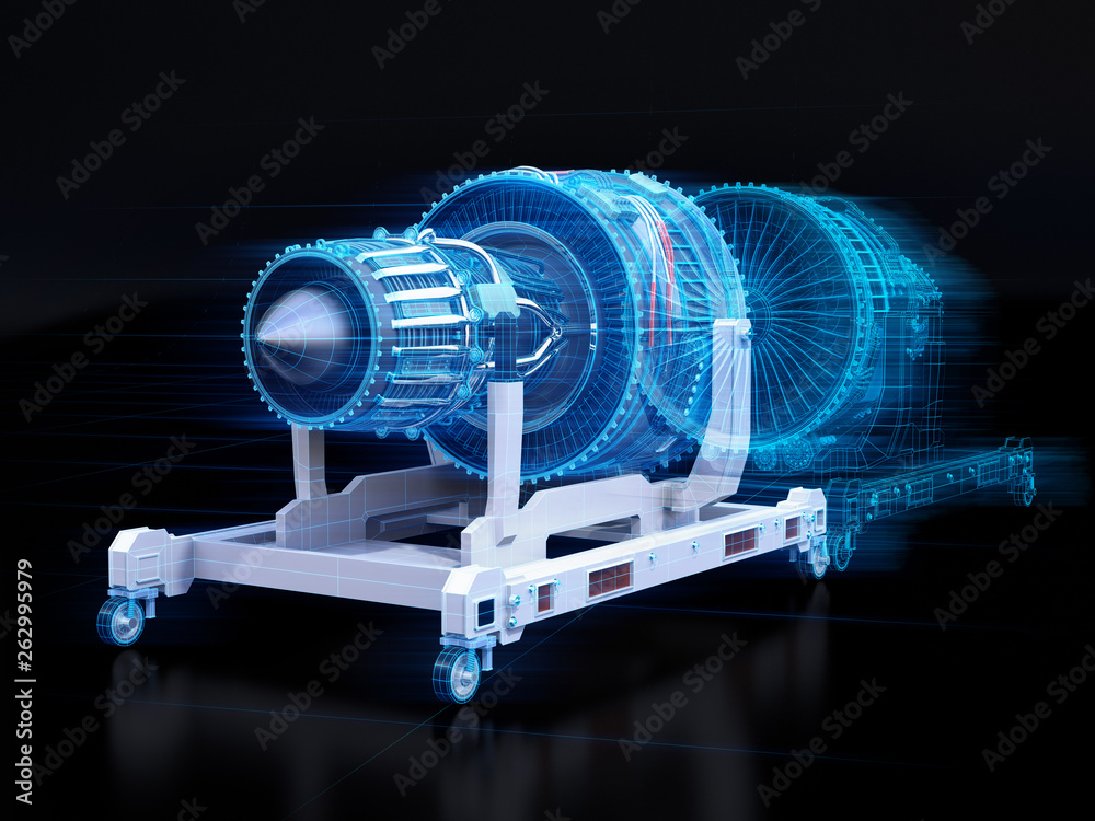 Fototapete wireframe rendering of turbojet engine and mirrored physical body on black background. digital twin 