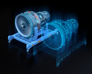 Fototapeta Wireframe rendering of turbojet engine and mirrored physical body on black background. Digital twin concept. 3D rendering image. obraz