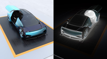 Obraz na płótnie Canvas Electric car on metal checker plate. Wireframe invert image on right side. Digital Twin concept. 3D rendering image.