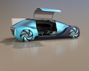 Self driving electric car on gradient background. Right door opened and front seats turned backward. 3D rendering image.