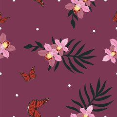Tropical seamless pattern with orchids flowers. Tropic floral wallpaper isolated on white background.