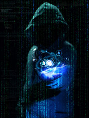 Internet crime concept. Hacker working on a code on dark digital background - 262996920