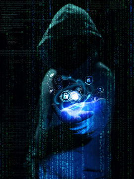 Internet crime concept. Hacker working on a code on dark digital background