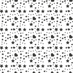 Seamless pattern with black hearts and stars on white background. Vector illustration
