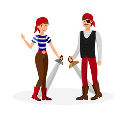 Dangerous Pirate Couple Flat Color Illustration