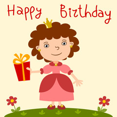  Happy birthday card - funny princess in cartoon style with gift in hand