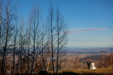 Naklejka na ściany i meble Beautiful wedding couple posing on hills