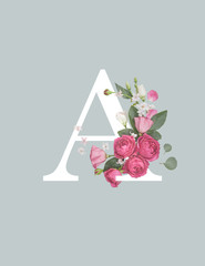 white letter A with pink eustoma flowers and green leaves isolated on grey