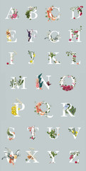 multicolored bright letters with plants and flowers isolated on grey, English alphabet