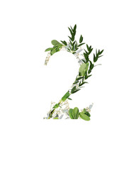 number 2 with white flowers and green leaves isolated on white