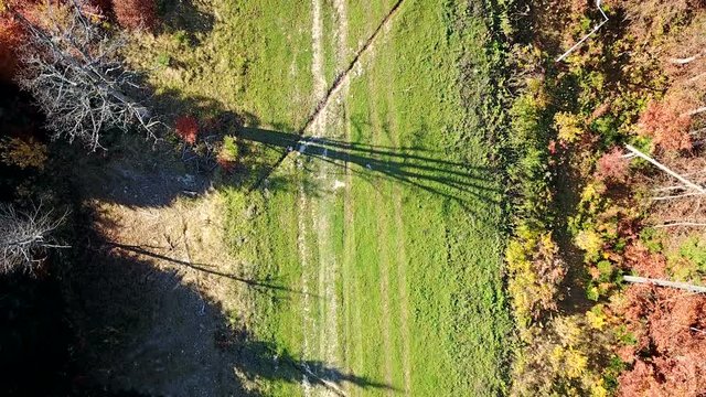 Aerial view of the movement of vehicles on a mountain road. Carpathians. Top view