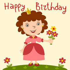 Cute princess in cartoon style with bouquet in hand - happy birthday card
