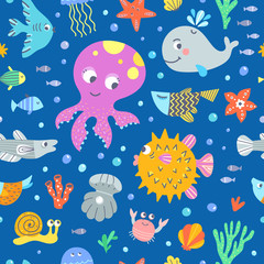 Octopus and fishes underwater creatures. Cute seamless pattern with sea animals. Vector background with cute marine characters