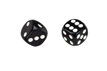 Two black dices isolated on white. All facets of the result of the dice.