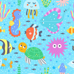Fototapeta na wymiar Fishes and sea animal seamless pattern. Funny vector background with ocean underwater creatures