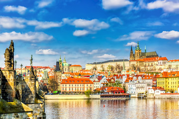 View of Charles Bridge, Prague Castle and Vltava river in Prague, Czech Republic.Nice sunny summer...