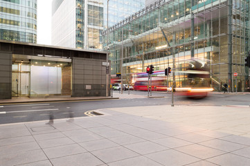 London, UK, january 2019. A double decker bus passes in the streets of Canary wharf district 
