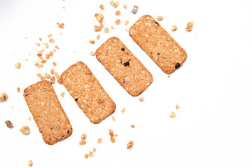 muesli cookies isolated on white background, selective focus. Top view