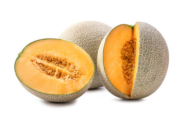 Sliced cantaloupe - Close up, clipping path, cut out. Beautiful tasty fresh ripe rock cantaloup melon fruit with seeds isolated on white background.