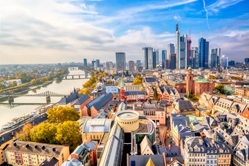 Panoramic view cityscape skyline of business district with skyscrapers in Frankfurt am Main....