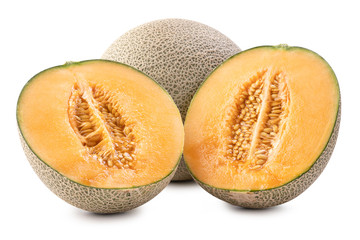 Sliced cantaloupe - Close up, clipping path, cut out. Beautiful tasty fresh ripe rock cantaloup melon fruit with seeds isolated on white background.