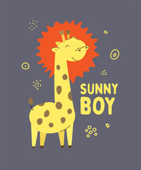 Cute spotted little giraffe smiling. Text Sunny boy. Animal kingdom set. Super-kawaii and adorable animals. Cartoon character and lettering. Flat illustration for kid's poster, t-shirt and other art.