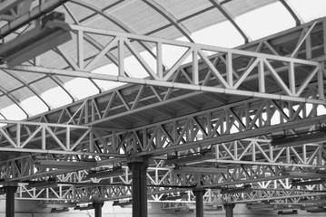 metal roof structure of modern building,black and white