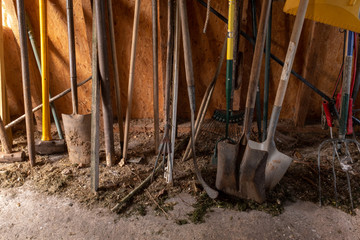 The bottom half of a selection of gardening tools including spade, fork, sledge hammer and rake...