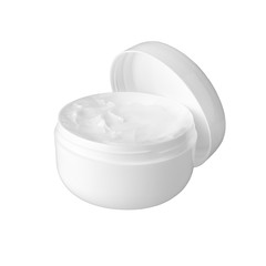 Open white cream jar on white background isolated close up, moisturizing hand, face or body cream plastic round bottle with open lid mock up, cosmetic container product design template, copy space