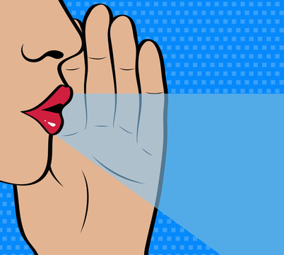 Pop Art gossip girl whispering  secrets. Mouth, lips and hand close up. Vector illustration in comic style.