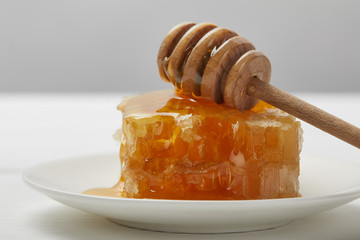 selective focus of plate with delicious honeycomb and honey dripper isolated on grey