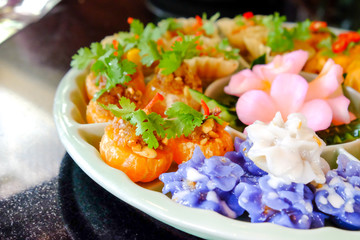 variety of Thai dessert well decorated on ceramic dishes