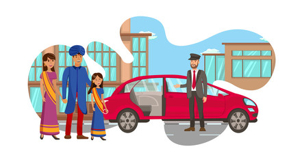 Rich Indian Family Waiting for Car Illustration