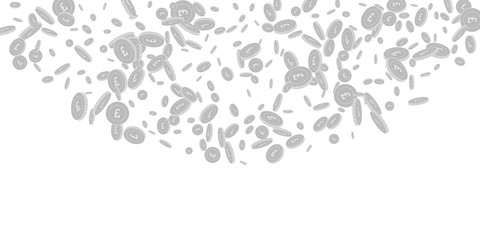 British pound coins falling. Scattered black and w