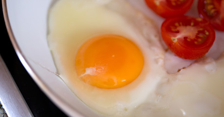 Fried eggs with cherry tomatoes .