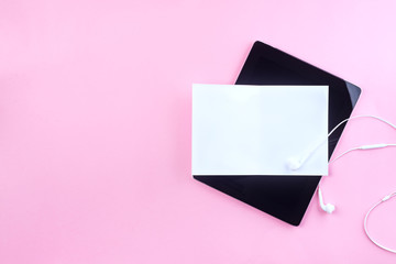 Branding identity mockup. Presentation tablet, envelope, letterhead, business and invitation cards at pink paper background.