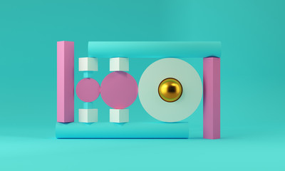 Pink and blue geometric shapes with a gold sphere. Abstract background. 3d rendering.