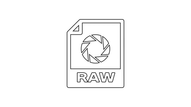 Black RAW file document icon. Download raw button line icon on white background. RAW file symbol. 4K Video motion graphic animation