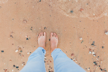 Feet on sea sand and wave, Vacation on ocean beach, Summer holiday