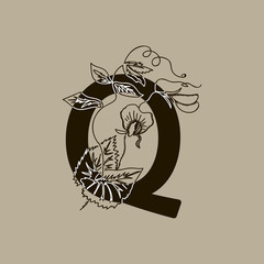 Vector Hand Drawn floral Q monogram or logo