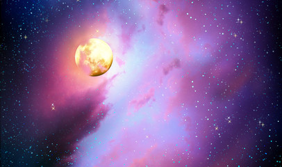 Księżyc w pełni z gwiazdami przy kolorowym nocnym niebem. - 263014322