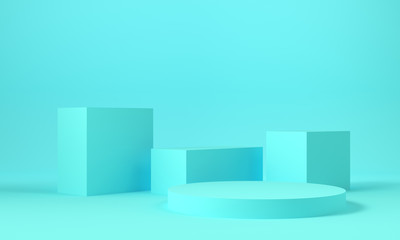 Blue geometric shapes. Cube and cylinder. Abstract background. 3d rendering.