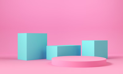 Pink and blue geometric shapes. Cube and cylinder. Abstract background. 3d rendering.