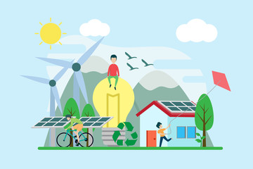 ecology creative illustration vector of energy graphic , small people in ecology energy illustration vector , save the planet, save energy, Earth Day concept vector