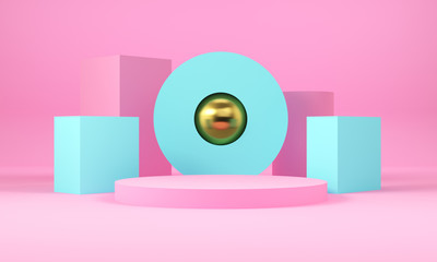 Geometric pink and blue shapes with gold sphere. Abstract background. 3d rendering.