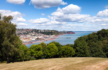 A view over a green field on a cliff side looking over the coastline and a town below