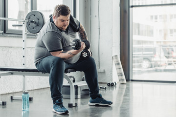 Overweight tattooed man exercising with dumbbells at gym with copy space