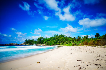 Fototapeta na wymiar paradise tropical beach,palms,rocks,white sand,turquoise water, seychelles 1