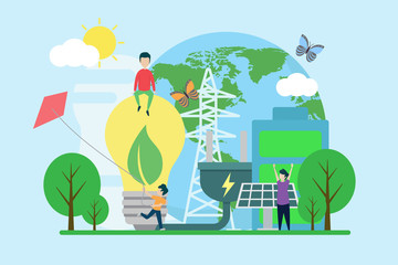 ecology creative illustration vector of energy graphic , small people in ecology energy illustration vector , save the planet, save energy, Earth Day concept vector